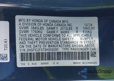 2025 Honda Civic Sport из США, поврежденный, VIN 2HGFE2F57SH559295